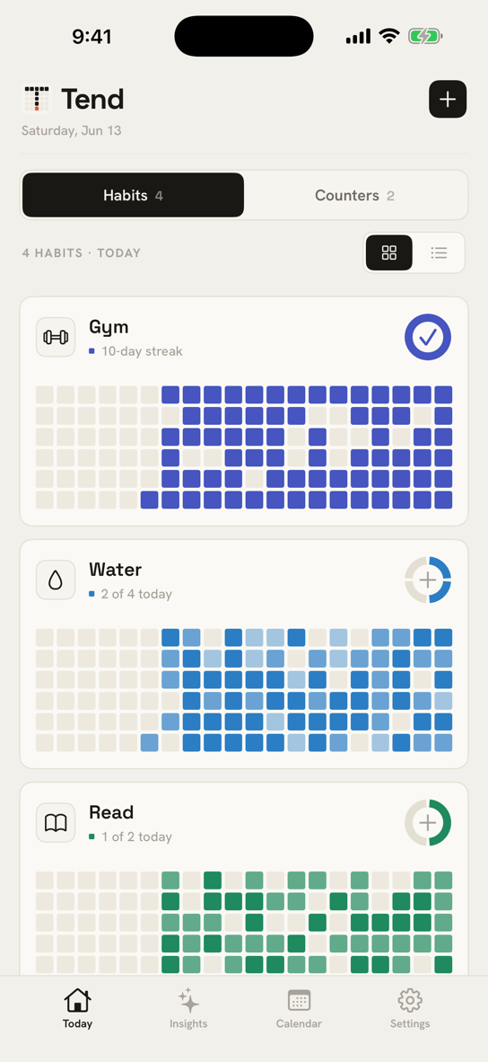 Tend home screen: habit cards with segmented progress rings and heatmaps of past days